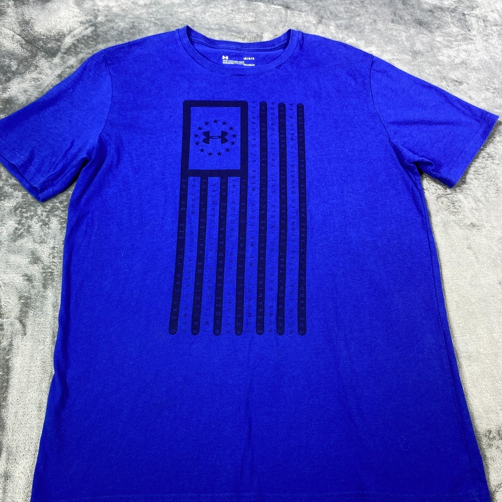 Under Armour Shirt Mens L Blue Graphic Flag Graphic HeatGear Loose Performance
